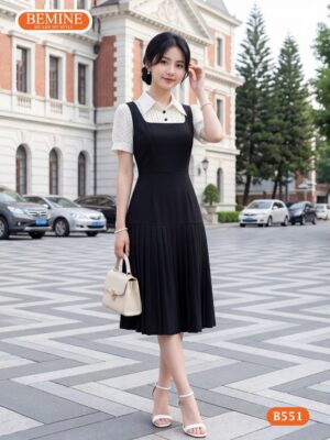 Đầm thiết kế BEMINE Cổ Sơ Mi Phối Voan In Bi Chân Váy Xếp Ly B551 hình ảnh