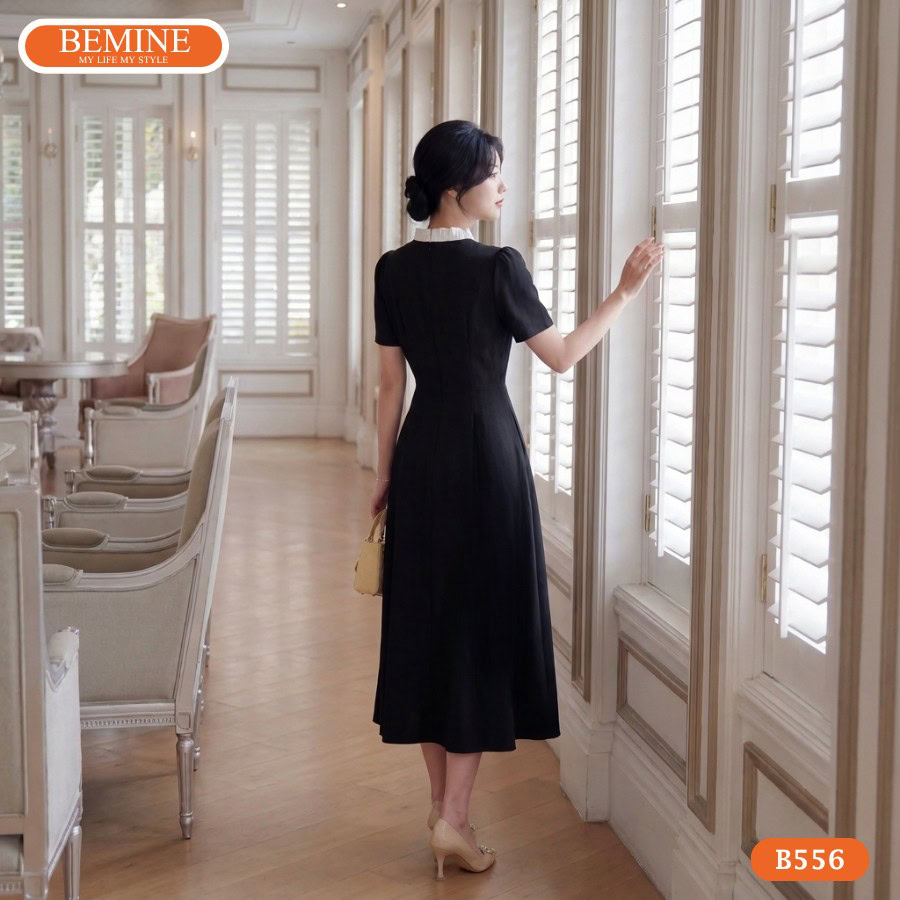 Cận cảnh đường may sắc sảo của mẫu đầm thiết kế BEMINE B556.