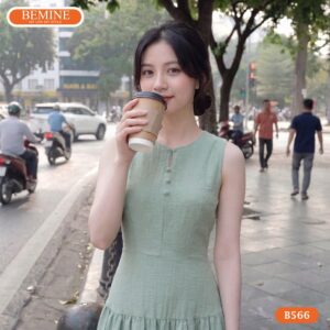 Người mẫu diện đầm chữ a cổ tròn sát nách BEMINE mã B566.