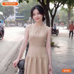 Đầm thiết kế BEMINE B566 cổ tròn sát nách xẻ giọt nước thanh lịch.