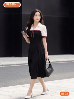 Đầm thiết kế BEMINE B603 cổ sơ mi phối viền nơ thanh lịch.