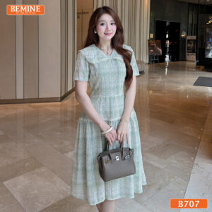 Đầm thiết kế BEMINE cổ nơ kẻ sọc dáng chữ A B707