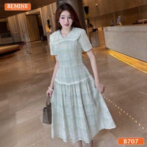 Đầm thiết kế BEMINE cổ nơ kẻ sọc dáng chữ A B707