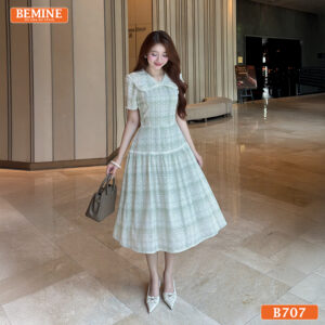 Đầm thiết kế BEMINE cổ nơ kẻ sọc dáng chữ A B707