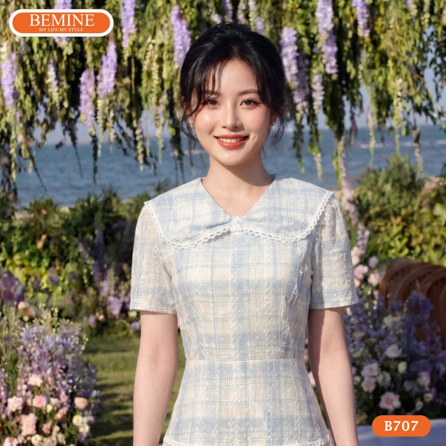 Đầm thiết kế BEMINE cổ nơ kẻ sọc dáng chữ A B707 3 Đầm thiết kế BEMINE B707 mang lại diện mạo trẻ trung hiện đại.