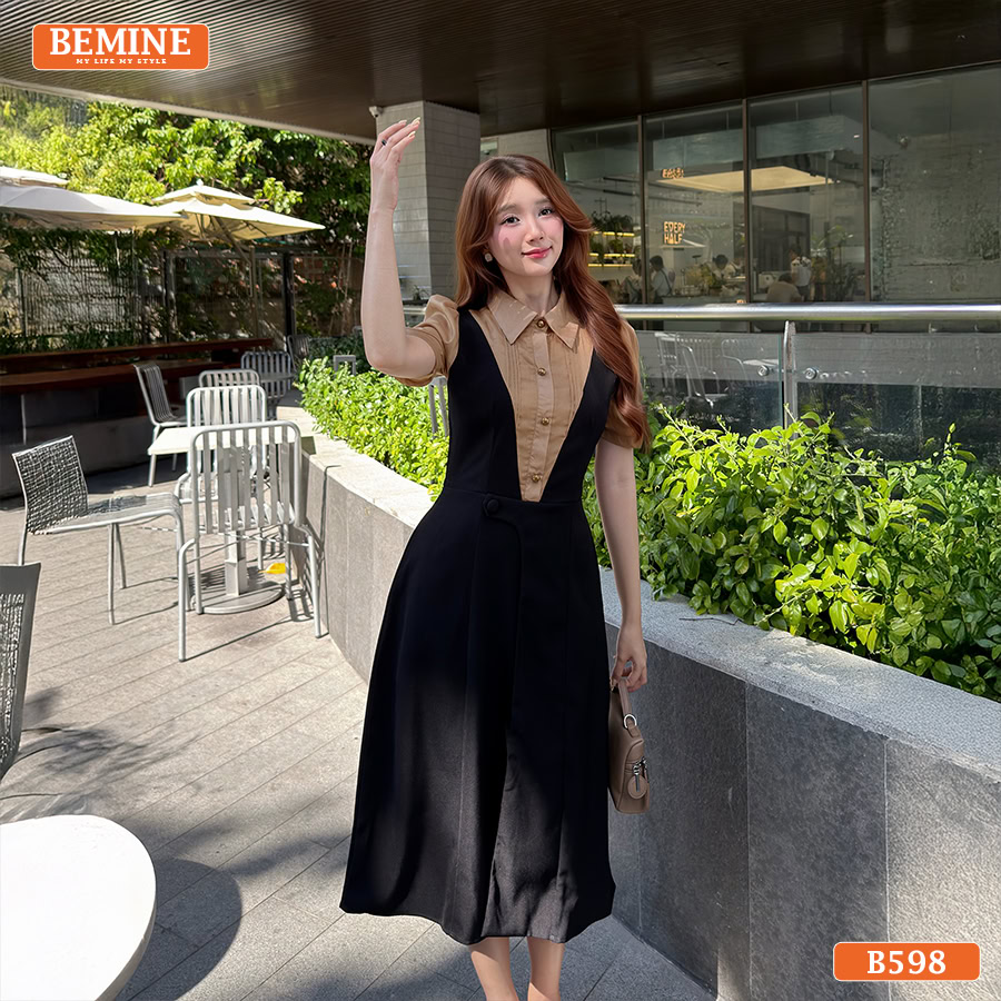 Đầm thiết kế BEMINE cổ sơ mi giả yếm dáng chữ A B598 2 Đầm thiết kế BEMINE B598 mang lại diện mạo trẻ trung cá tính.