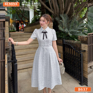 Đầm Thiết Kế BEMINE Cổ Sơ Mi In Họa Tiết Dáng Dài B637