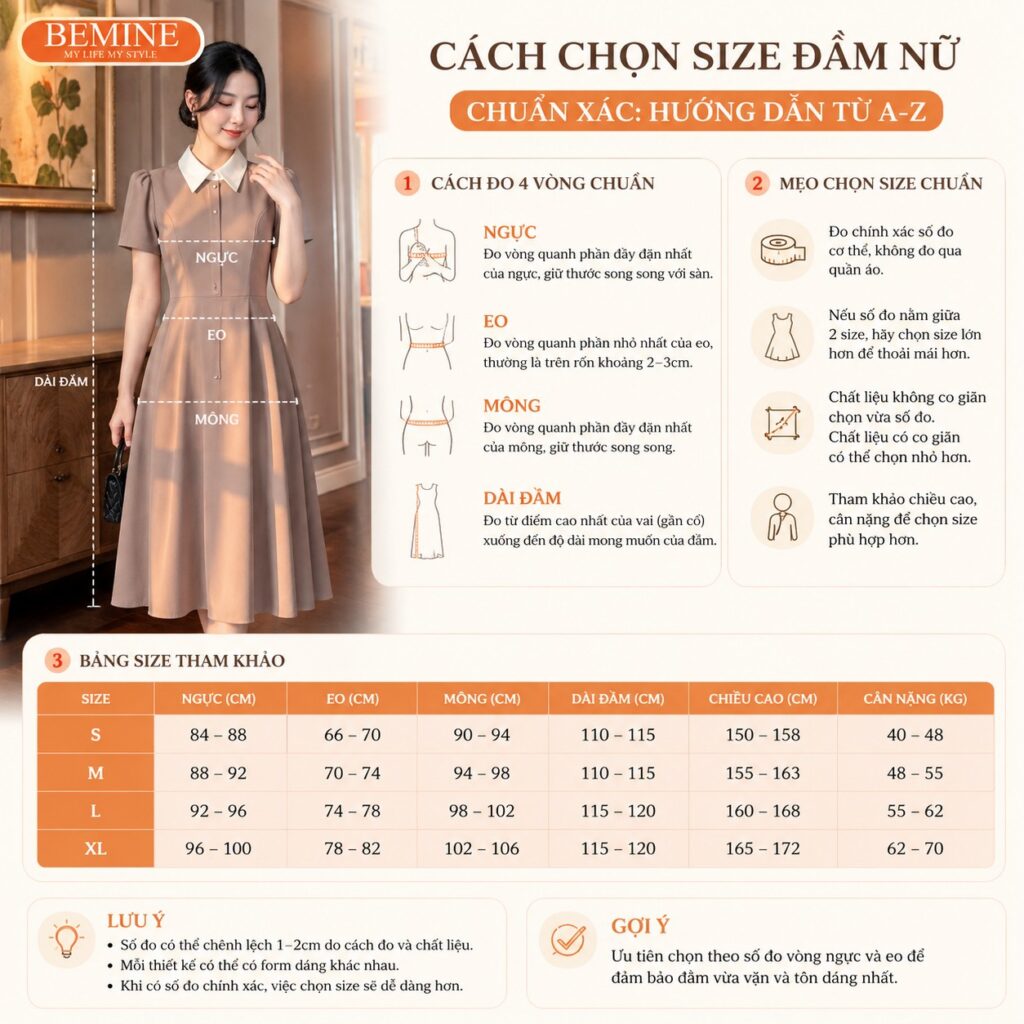 Cách chọn size đầm nữ BEMINE theo số đo ba vòng chuẩn.