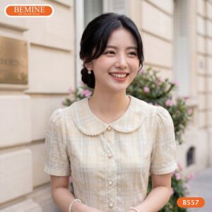 Cận cảnh đường may sắc sảo của mẫu đầm phối viền BEMINE B557.