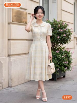Người mẫu diện đầm chữ a cổ đức phối viền đi làm đi chơi BEMINE B557.