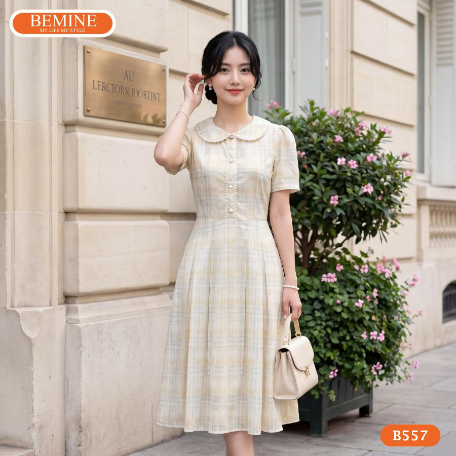 Cận cảnh đường may sắc sảo của mẫu đầm phối viền BEMINE B557.
