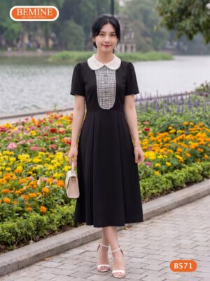 Đầm thiết kế BEMINE cổ sen phối caro dáng chữ a đi làm B571