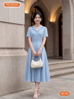 Đầm thiết kế BEMINE cổ vest nút bọc dáng chữ a B576