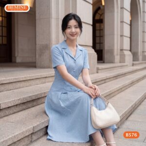 Người mẫu diện đầm chữ a cổ vest nút bọc BEMINE B576.