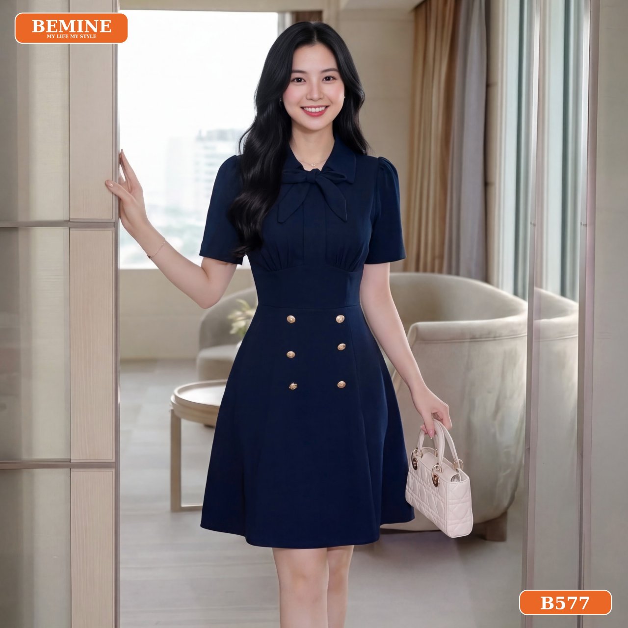 Mẫu đầm thiết kế BEMINE cổ sơ mi cà vạt dáng chữ A B577 tập trung vào việc tôn vinh vóc dáng người phụ nữ Á Đông