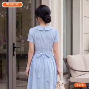 Cận cảnh đường may sắc sảo trên mẫu đầm họa tiết sọc BEMINE B578.