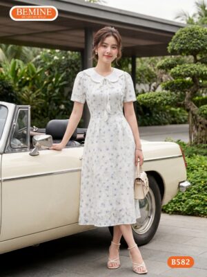 Đầm thiết kế BEMINE cổ phối bướm cách điệu in hoa dáng chữ a B582