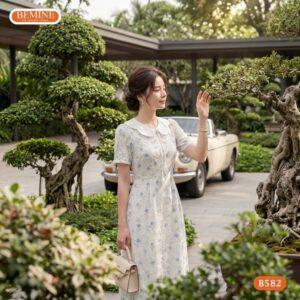 Người mẫu diện đầm chữ a cổ phối bướm cách điệu in hoa BEMINE B582.