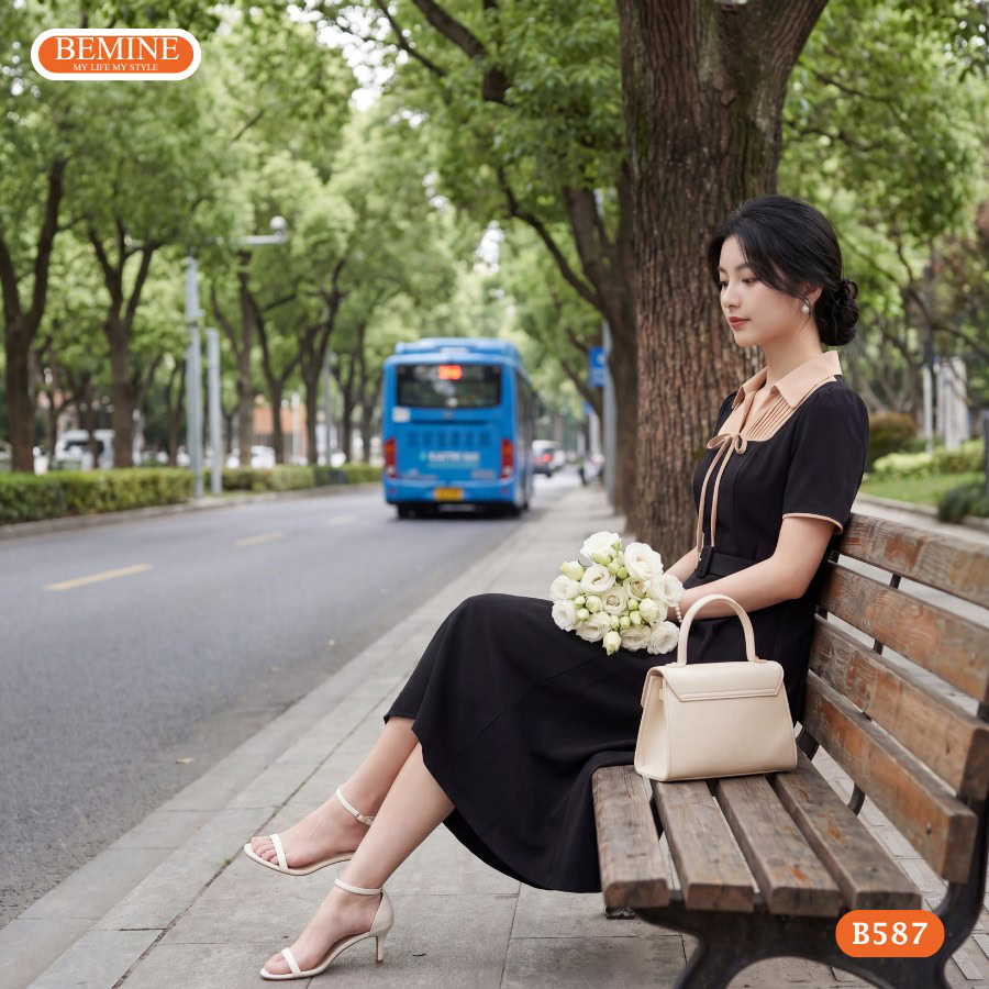 Đầm thiết kế BEMINE cổ sơ mi đính nơ dáng chữ A B587 3 Hình ảnh thực tế đầm công sở BEMINE B587 phom dáng chuẩn.