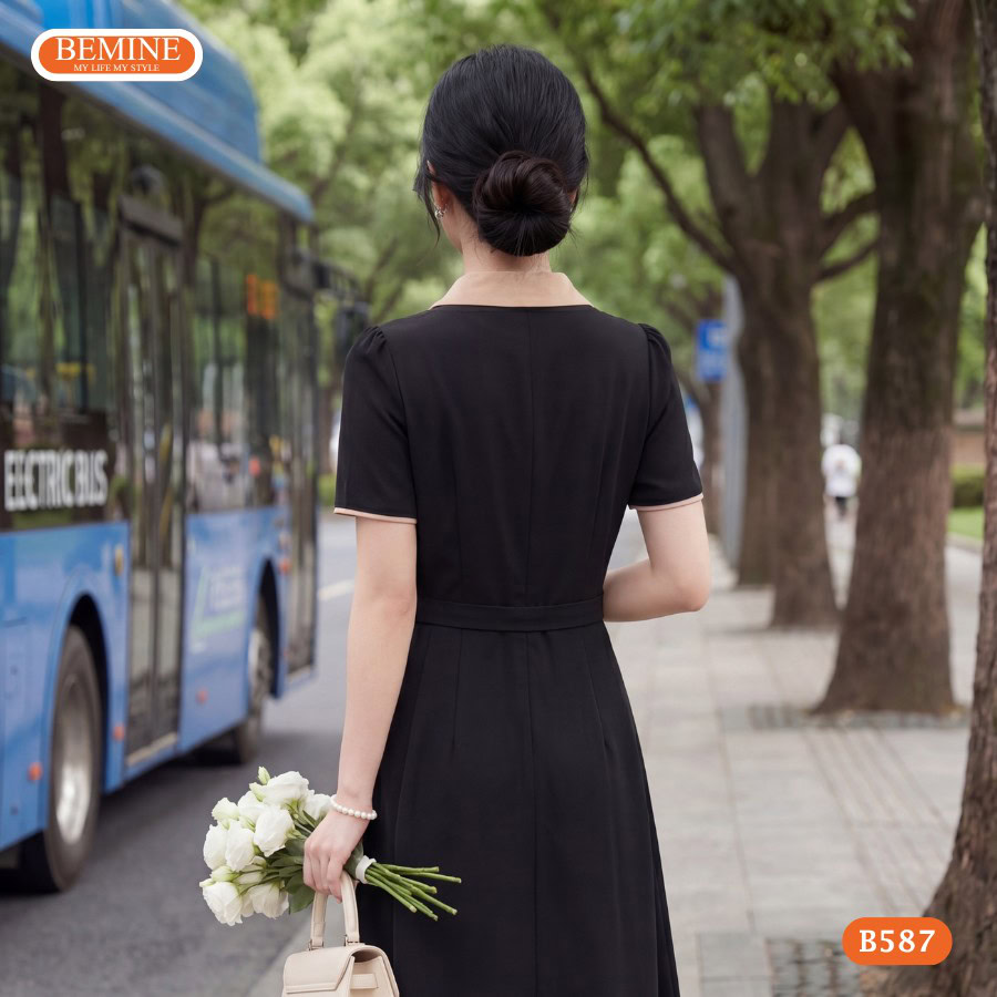 Cận cảnh đường may sắc sảo của mẫu đầm đính nơ BEMINE B587.