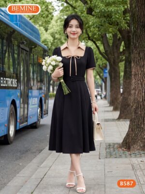 Đầm thiết kế BEMINE cổ sơ mi đính nơ dáng chữ a B587