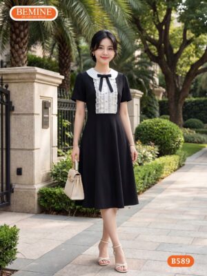 Đầm thiết kế BEMINE cổ sen phối bèo tơ voan dáng chữ a B589