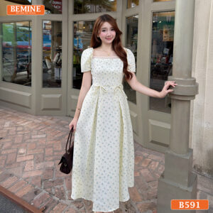 Đầm thiết kế BEMINE Cổ Vuông Hoa Nhí Dáng Dài B591