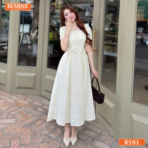 Đầm thiết kế BEMINE Cổ Vuông Hoa Nhí Dáng Dài B591