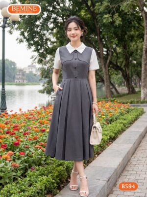 Đầm thiết kế BEMINE cổ đức phối đính cúc dáng chữ a B594