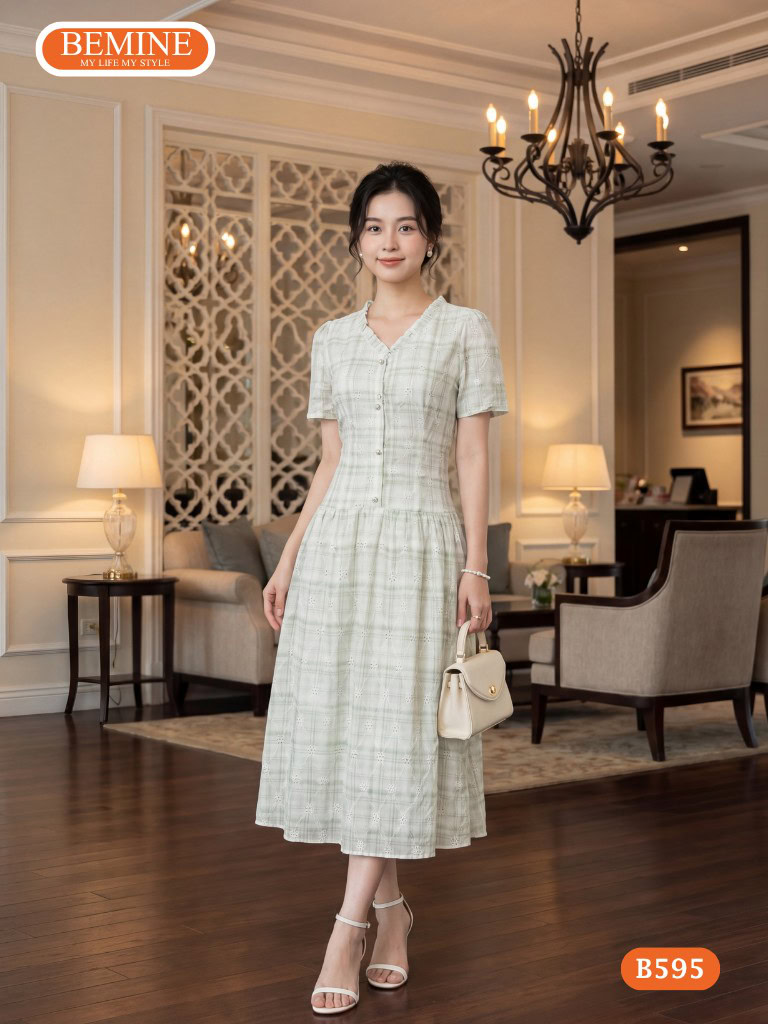 Đầm thiết kế BEMINE cổ tim in hoa dáng chữ a B595