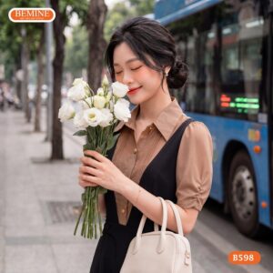 Cận cảnh đường may sắc sảo của mẫu đầm giả yếm BEMINE B598.