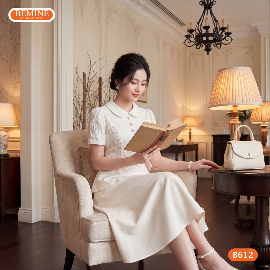 Đầm thiết kế BEMINE cổ sen ren hoa dáng peplum dáng dài B612 1 Chiếc đầm thiết kế BEMINE cổ sen ren hoa dáng peplum B612 đầy thanh lịch