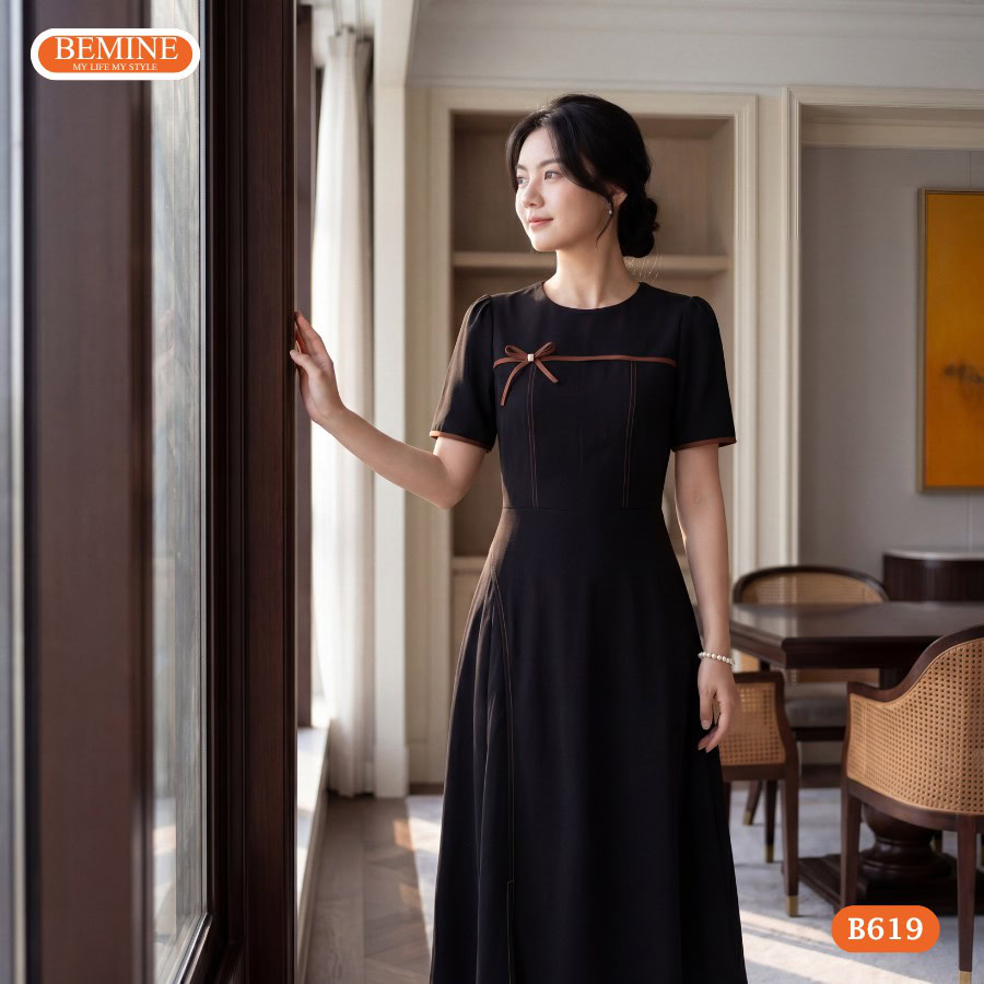 Hình ảnh thực tế đầm công sở BEMINE B619 phom dáng chuẩn.