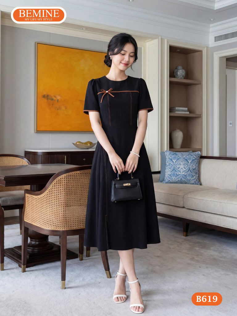 Đầm thiết kế BEMINE cổ tròn chạy viền đính nơ dáng chữ a B619