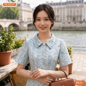 Người mẫu diện đầm chữ a cổ sơ mi thêu hoa BEMINE B621.