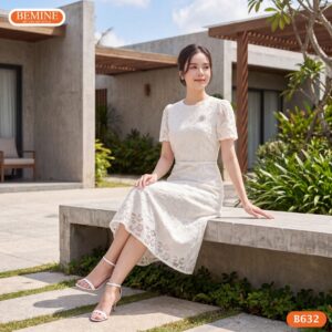 Người mẫu diện đầm dáng dài cổ tròn ren hoa BEMINE B632.