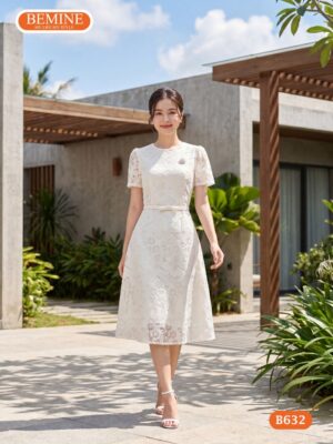Đầm thiết kế BEMINE B632 cổ tròn ren hoa thanh lịch.