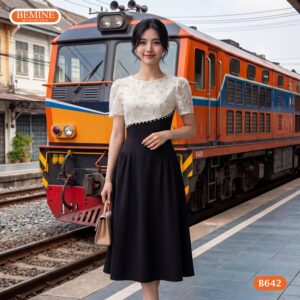 Hình ảnh thực tế đầm công sở BEMINE B642 phom dáng chuẩn.