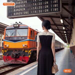 Cận cảnh đường may sắc sảo của mẫu đầm phối ren BEMINE B642.