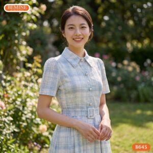 Người mẫu diện đầm chữ a cổ sơ mi đai eo BEMINE B645.