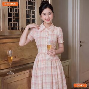 Đầm thiết kế BEMINE cổ sơ mi đai eo dáng chữ A B645 - áo công sở