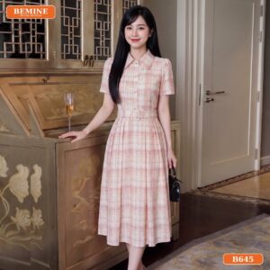 Đầm thiết kế BEMINE cổ sơ mi đai eo dáng chữ A B645 - màu tôn da