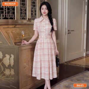 Đầm thiết kế BEMINE cổ sơ mi đai eo dáng chữ A B645 - phụ nữ tuổi 45 mặc gì đẹp