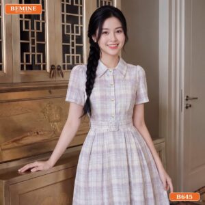 Đầm thiết kế BEMINE cổ sơ mi đai eo dáng chữ A B645 - thời trang nữ trung niên