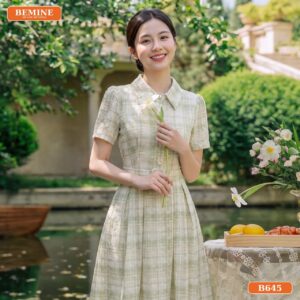 Đầm thiết kế BEMINE cổ sơ mi đai eo dáng chữ A B645 - váy ren