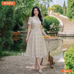 Đầm thiết kế BEMINE cổ sơ mi đai eo dáng chữ A B645 - váy cho người béo