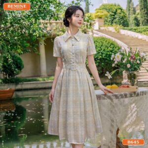 Đầm thiết kế BEMINE cổ sơ mi đai eo dáng chữ A B645 - váy công sở hàn quốc