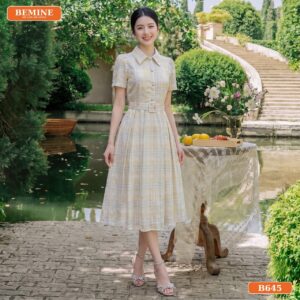 Đầm thiết kế BEMINE cổ sơ mi đai eo dáng chữ A B645 - quà cho mẹ
