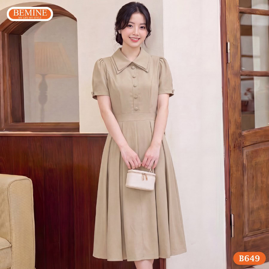 Mẫu đầm chữ A dáng dài BEMINE B649 phối cùng túi xách và giày cao gót