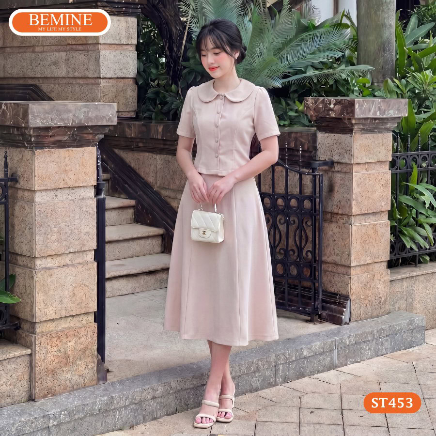 Mặc gì đi phỏng vấn - Set áo cổ sen và chân váy chữ A thanh lịch ST453 BEMINE